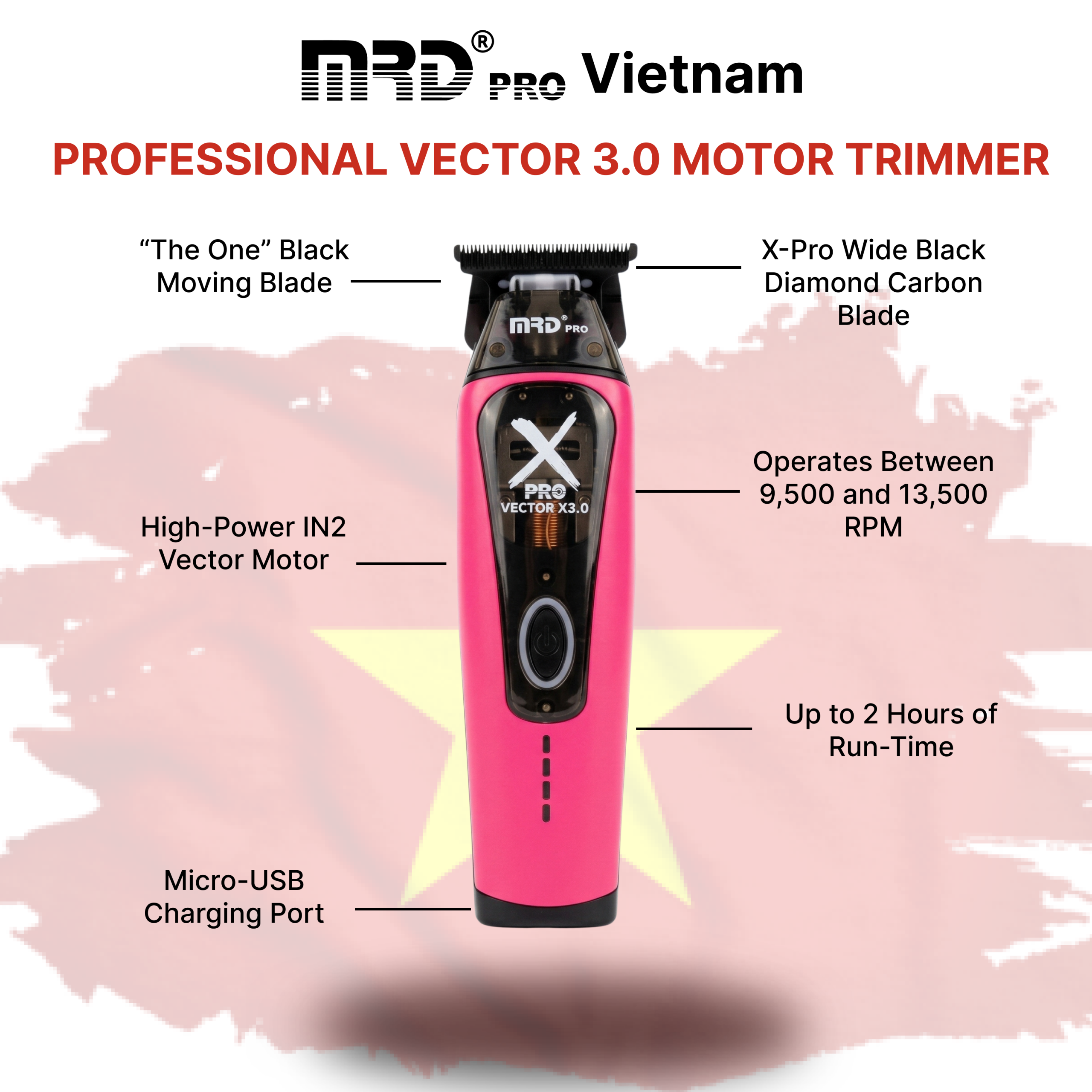 XPRO GMT-999C-PINK-Vector X3.0 Hair Clipper – Powerful Motor 9,500–13,000 RPM