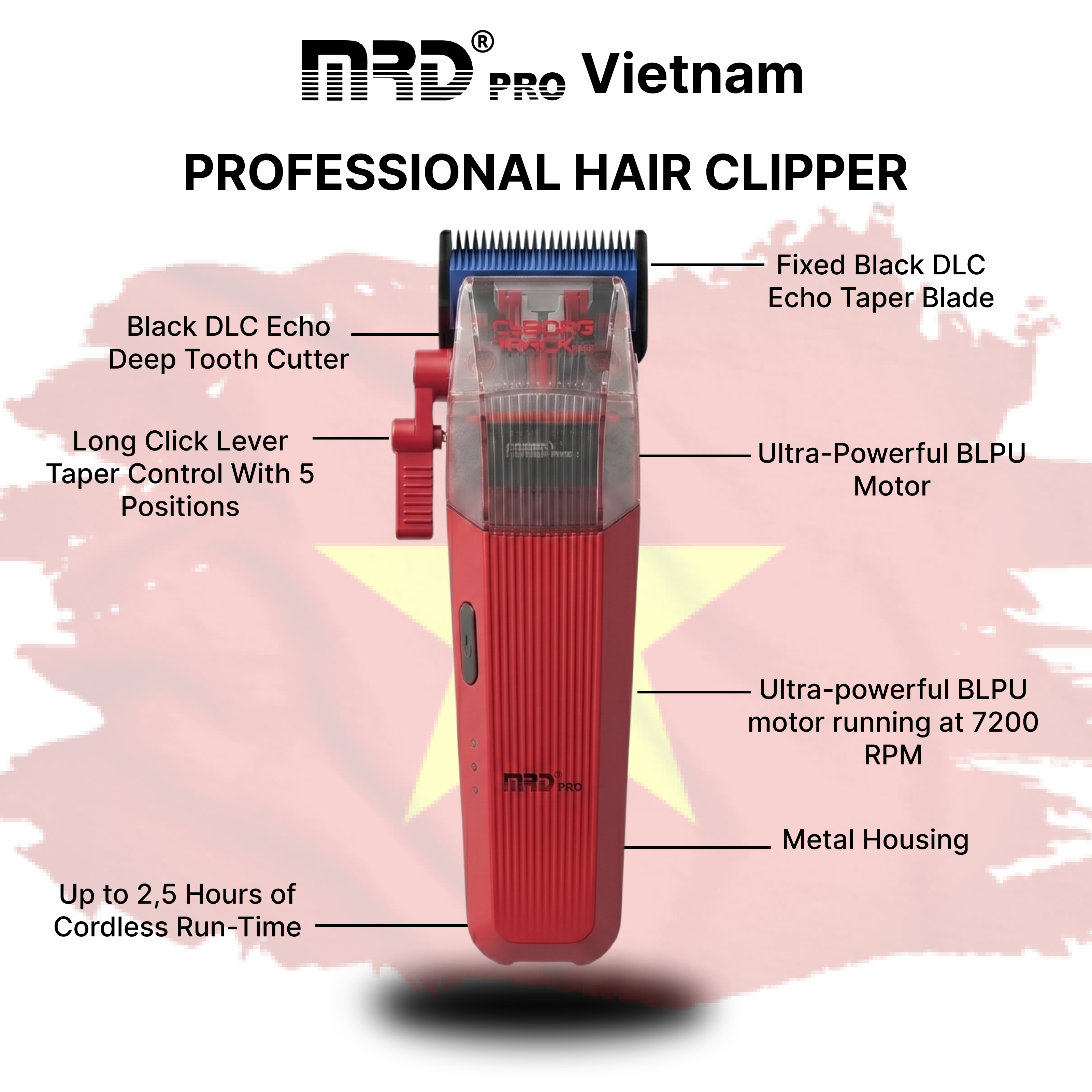 MRDpro CYBORG PRO 2026-RED-Professional Cordless Hair Clipper - Full Metal, 3300mAh, BLPU Motor for Barbers
