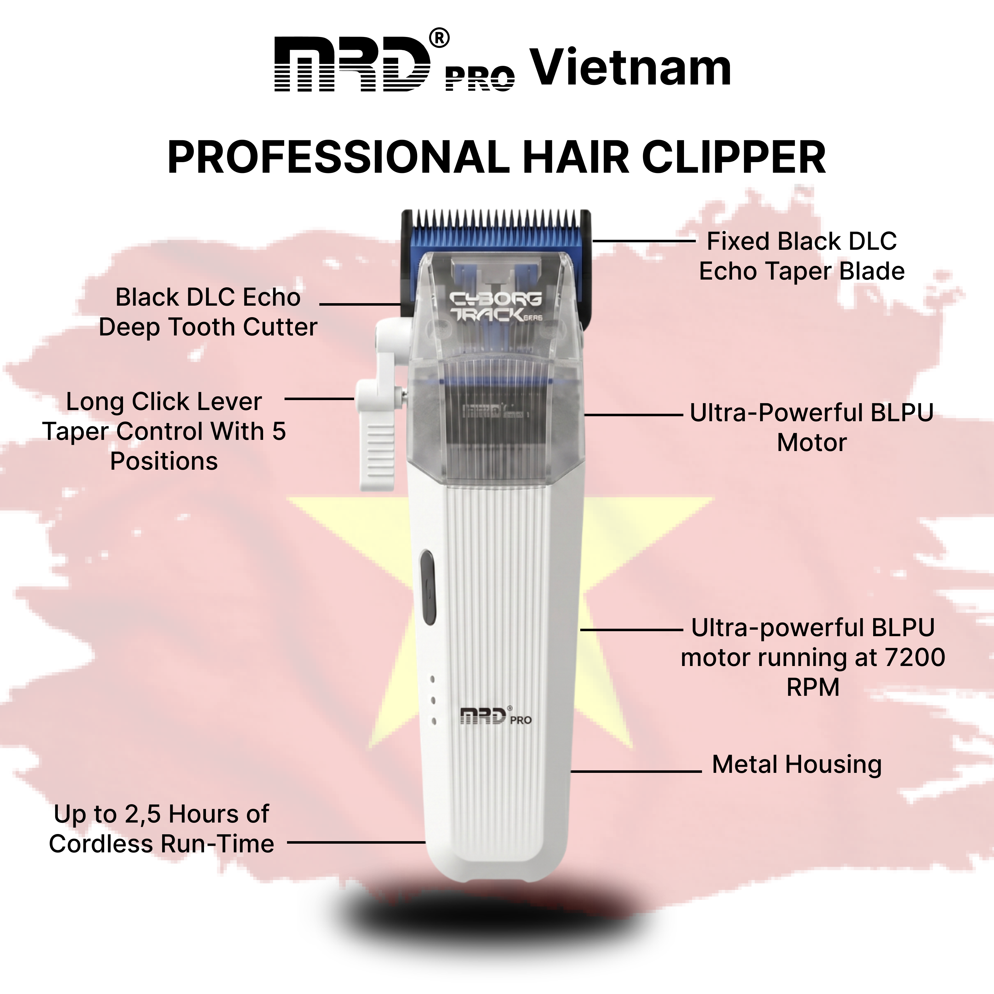 MRDpro CYBORG PRO HC-666-WHITE-Professional Cordless Hair Clipper - Full Metal, 3300mAh, BLPU Motor for Barbers