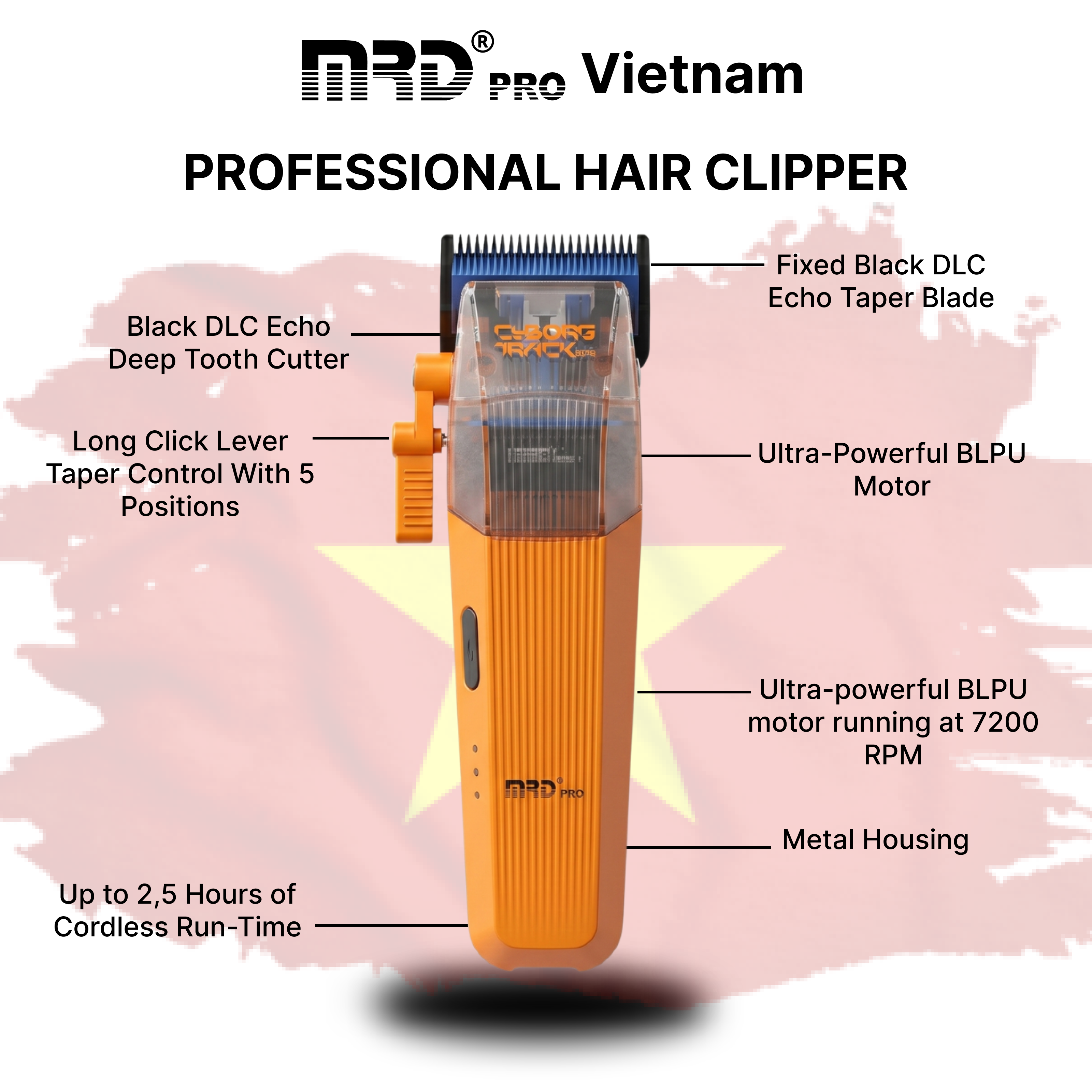 MRDpro CYBORG PRO 2026-ORANGE-Professional Cordless Hair Clipper - Full Metal, 3300mAh, BLPU Motor for Barbers