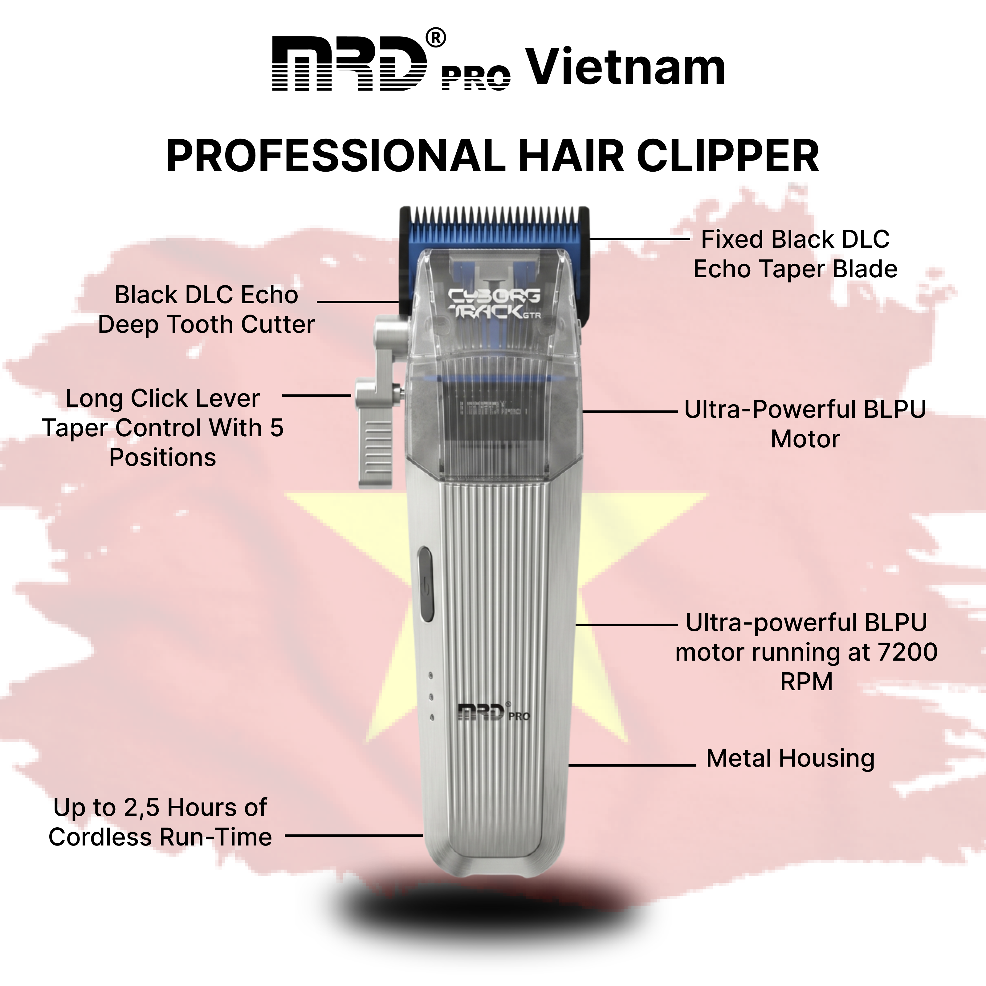 MRDpro CYBORG PRO 2026-SILVER-Professional Cordless Hair Clipper - Full Metal, 3300mAh, BLPU Motor for Barbers