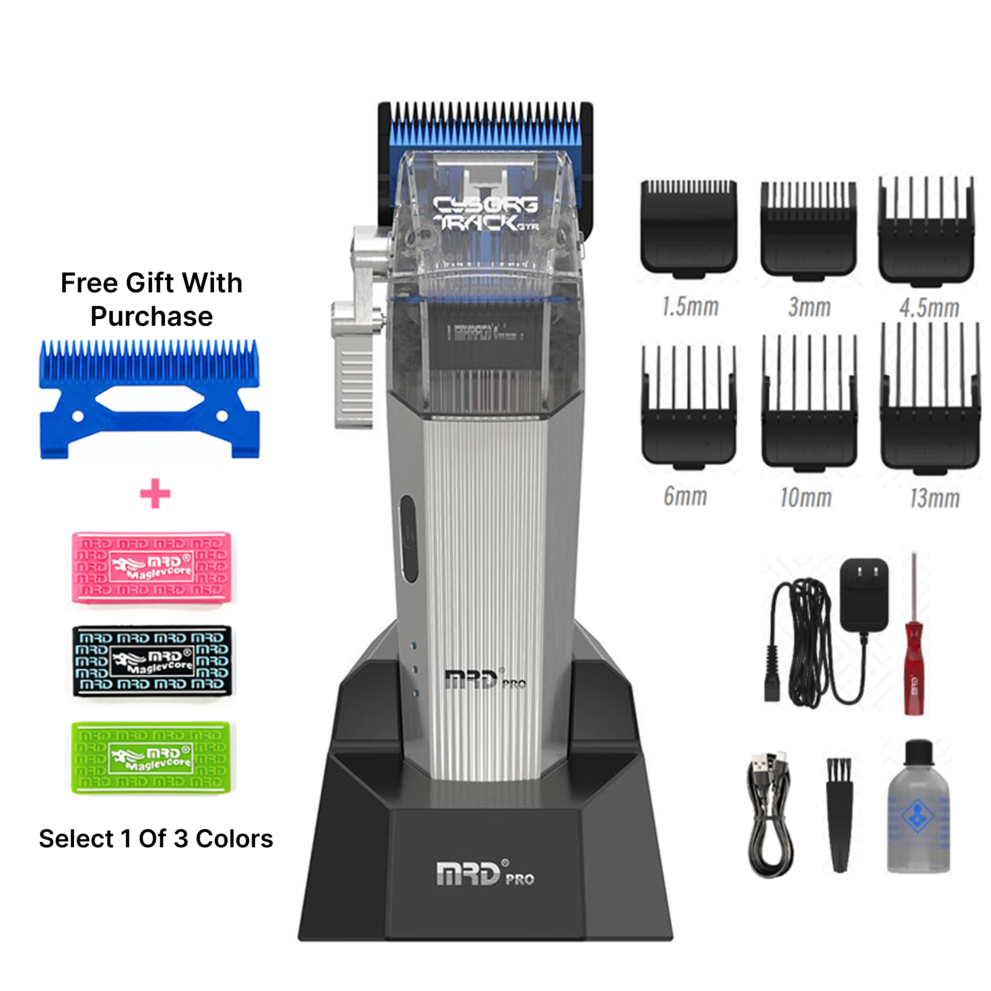 MRDpro CYBORG PRO 2026-SILVER-Professional Cordless Hair Clipper - Full Metal, 3300mAh, BLPU Motor for Barbers
